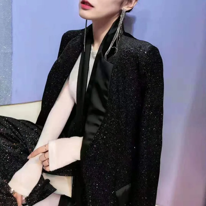 

Runway Black Shiny Suits Sets Women Elegant Lace Up Sashes Blazer Floor Length Wide Leg Suit Pants OL Fashion Two Piece Outfits