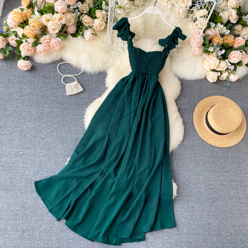 Summer Dress 2020 Fashion New Women Ruffle Layer Spaghetti Strap High Waist Long Rode Ladies Hem Slit Sexy Slim Dresses Vestidos | Женская