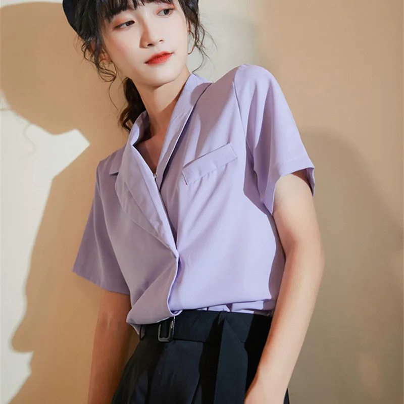 Блузка женская с V образным вырезом элегантная офисная рубашка коротким рукавом