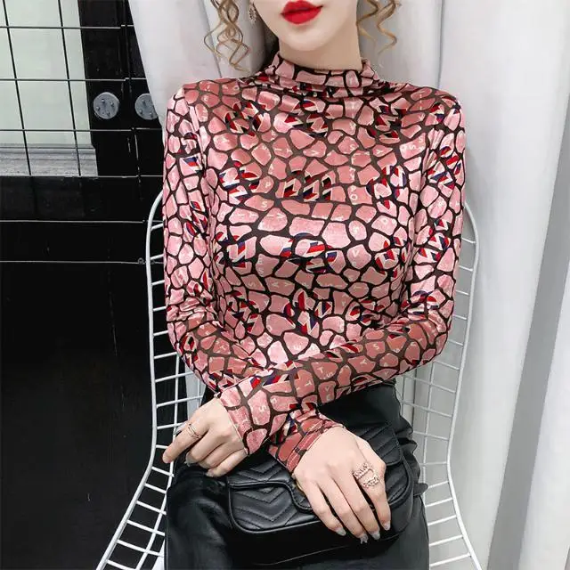 

Half-high-collared Blouse 2021 Autumn Small Shirt Collection Waist high-grade Mesh flocking t-shirt jacket short-sleeved fashion