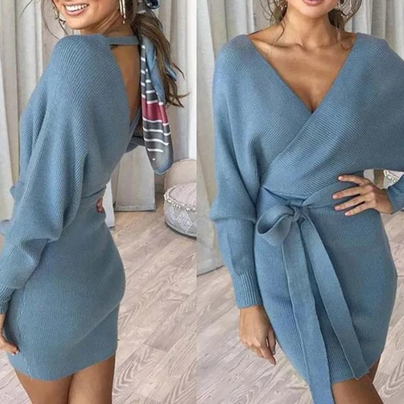 

Elegant Knitted Dresses for Women Autumn Winter Long-sleeve 2020 Vintage V Neck Backless Slim Sexy Party Sweater Dress with Belt