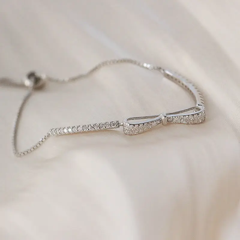 

Silver Shiny Zircon Bow-Knot Bracelet for Women Light Luxury Exquisite Adjustable Chain Crystal Bracelets Hot Jewelry Gifts