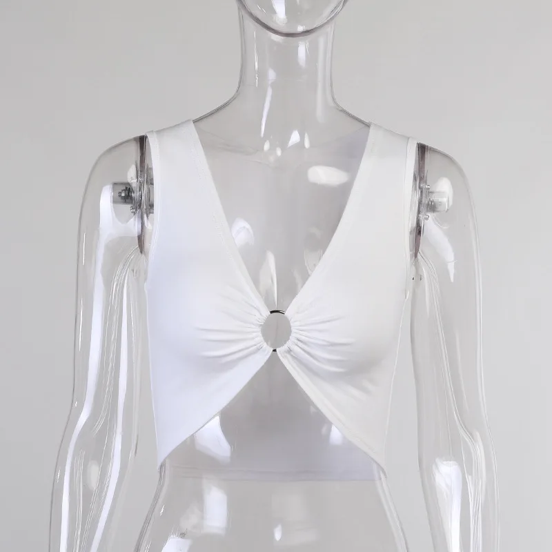 

Metal Ring Crop Top Women 2021 Fashion Summer Vest Sleeveless V Neck Solid Tunic Skinny Slim Vest Beach Sexy Tank Tops Casual