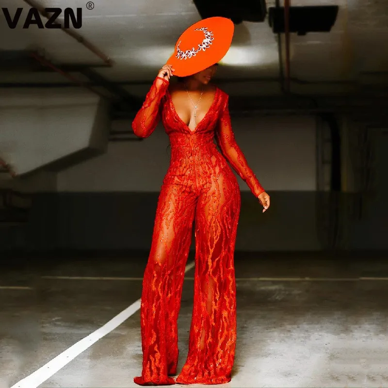 Элегантный красный клубный комбинезон с блестками VAZN 2020 глубоким V образным