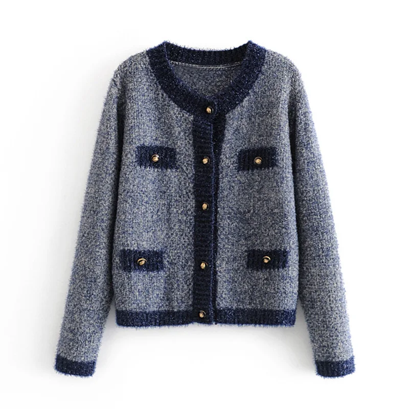 

PERHAPS U Women Navy Blue O Neck Single Breasted Button Knitted Loose Sweater Cardigans Elegant M0202