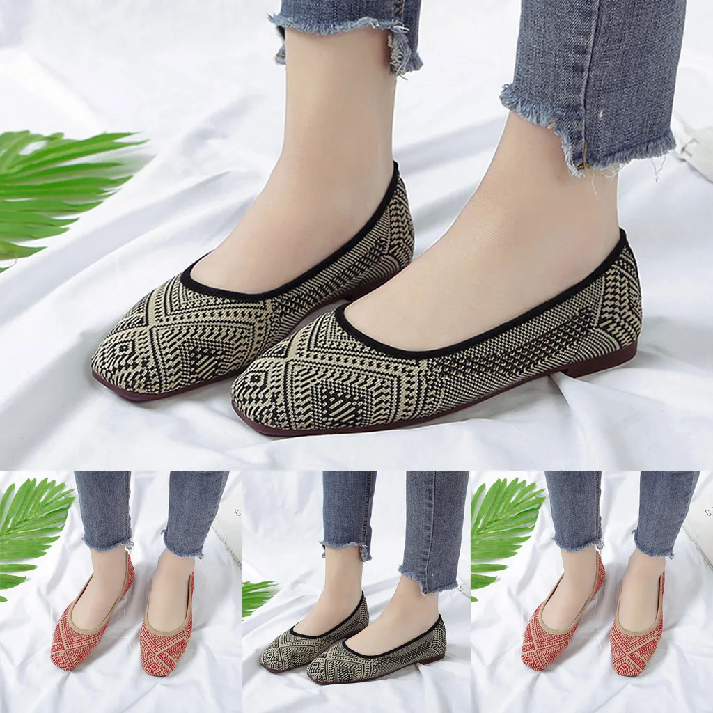 

Summer new women's shoes breathable soft bottom bow square head color matching knit shallow mouth flat shoes 2020