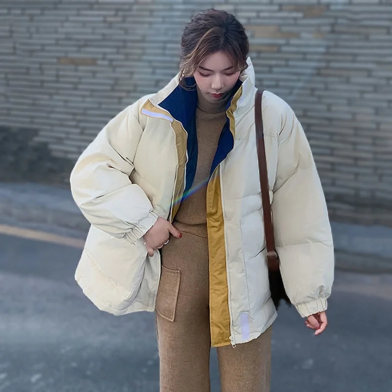 Autumn and Winter New Korean Style Loose and Simple Hong Kong Style Student Zipper Cardigan Stitching Jacket Down Jacket