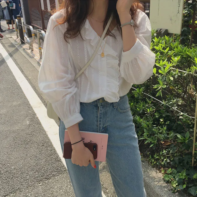 

2021 Korean Edition Solid Cotton Simple Women's Tops and Blouses Lotus Side Long Sleeve Shirt Woman Ladies Tops Femme