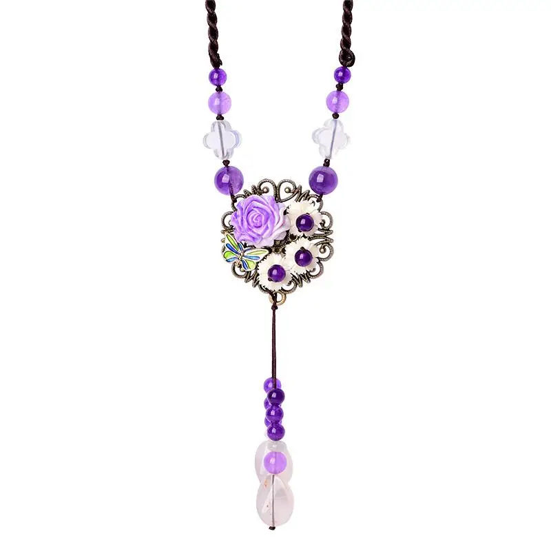 

Vintage Natural Crystal Stone Necklace Fashion Jade Sweater Chain Purple Pendant Necklace Gift for Women