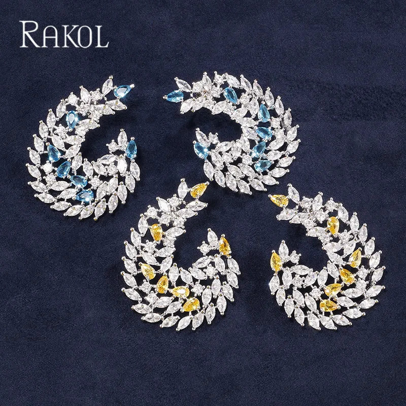 RAKOL роскошный дизайн синего и желтого цвета Цвет кубический цирконий серьги со