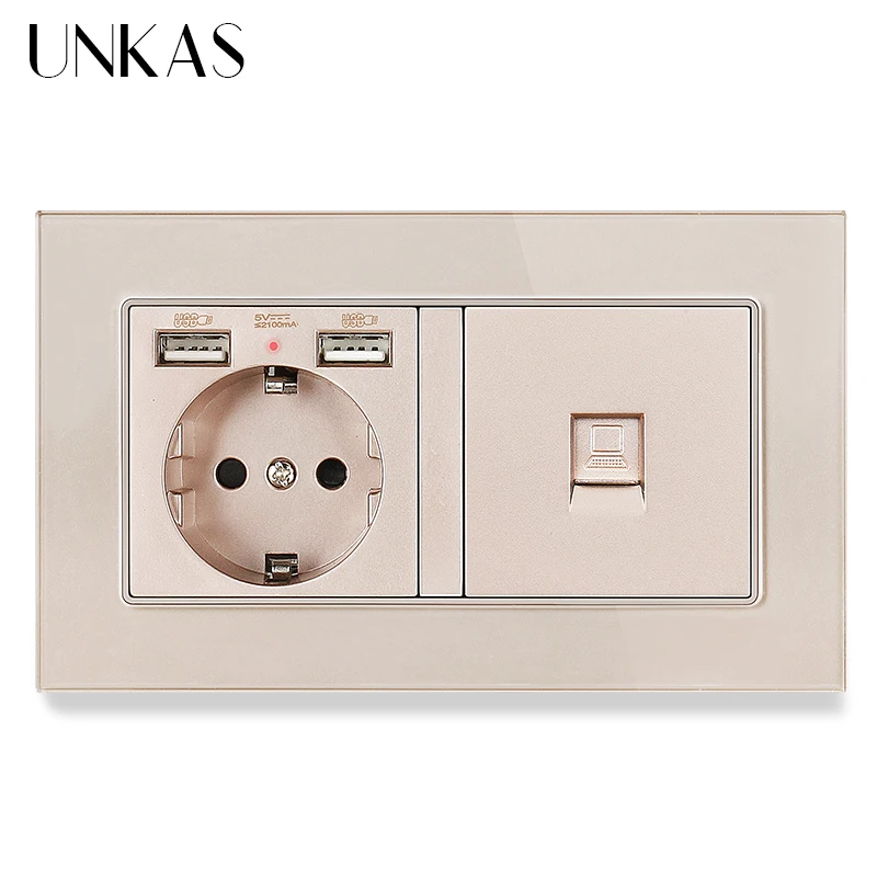 UNKAS Серый роскошный Стекло Панель настенная розетка стандарта ЕС 2 USB зарядка