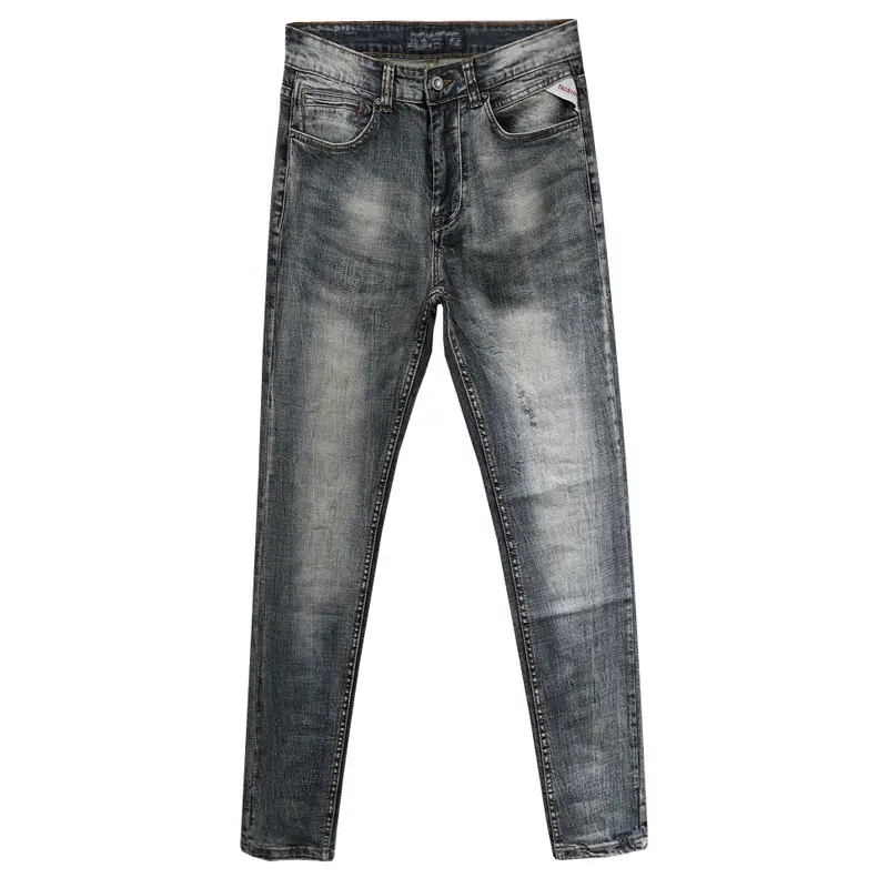 European Vintage Fashion Men Jeans Retro Distressed Wash Slim Fit Ripped Jeans Men Designer Elastic Casual Cotton Denim Pants