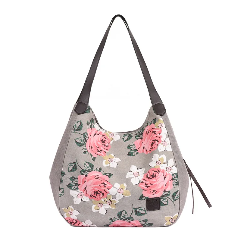 

New Eco-friendly Canvas Shoulder Bag Women Fashion National Style Handbags Large Capacity Flower Stripe Bags Multi-layer Purses