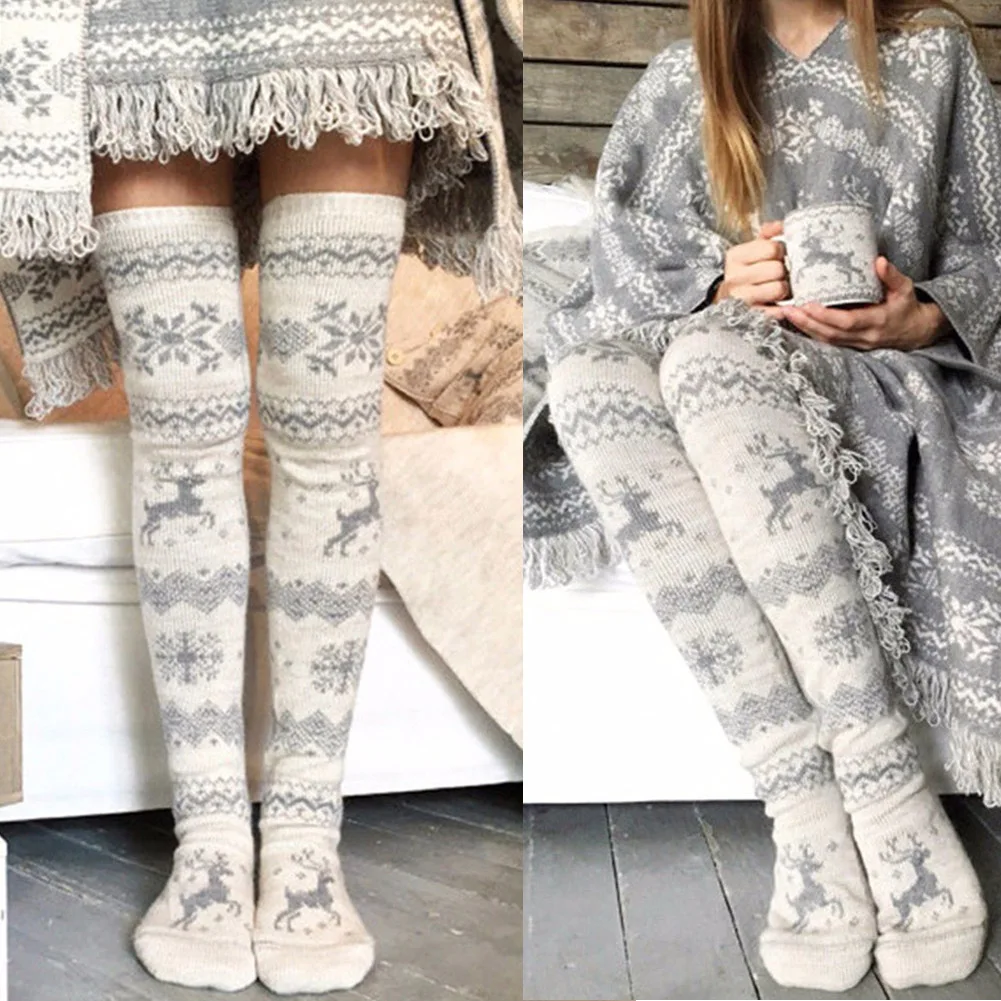 New Hot Women Christmas Knitted Stockings Thickened Thigh High Over Knee Long Snowflakes Elk Pattern Socks YAA99 | Женская одежда