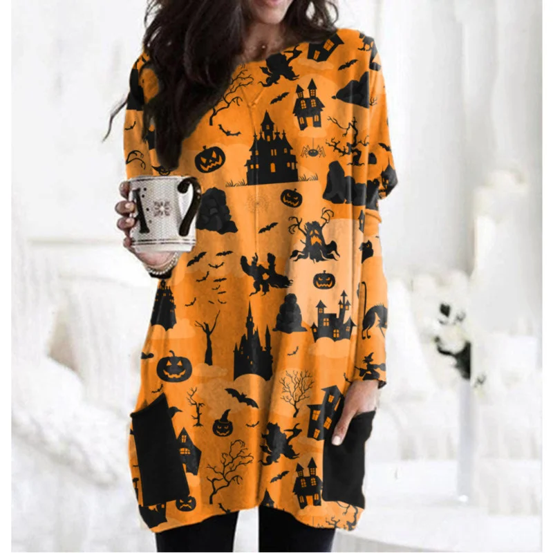 

2021 New Halloween Autumn Dress Elegant Winter Cartoon Dresses For Women Pumpkin Print Dress Long Sleeve Maxi Pocket Dress