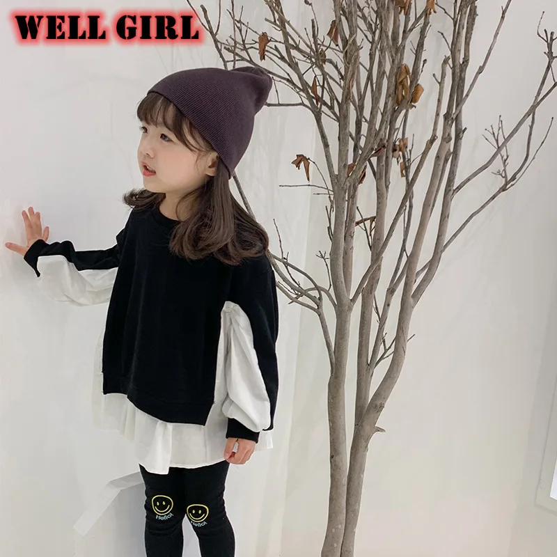 

Baby Girls Contrast Color Clothing Korean Black White T Shirt Sweatshirt Fashion Kids Clothes Toddler Stitch Fall 2 To 12 Yrs