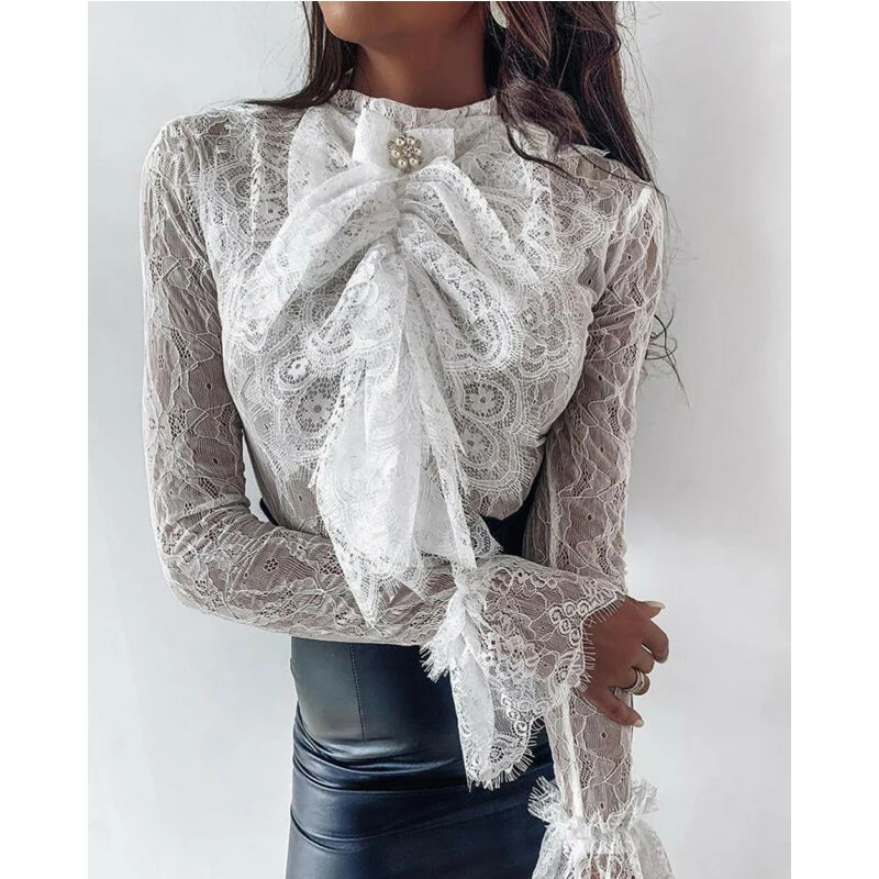 

Meihuida Autumn Women Office Ladies Elegant Lace Petal Long Sleeve Turtleneck Ruffles Flores Front Bow Pearl Blouses