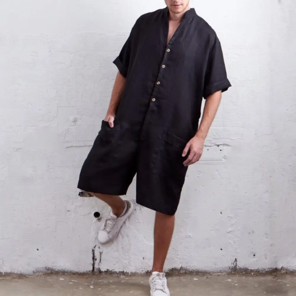 

2020 Summer New Men Casual Men Short Sleeve Stand Collar Single-Breasted Hip-hop Short Trousers Jumpsuit Fashion For Adult Men