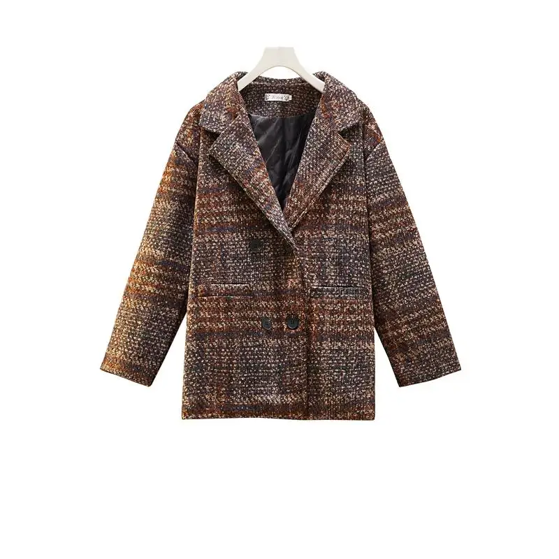 

Vintage Stylish Pockets Plaid Loose Woolen Jacket Coat Women 2020 Fashion Lapel Collar Long Sleeve Female Outerwear Chic Tops
