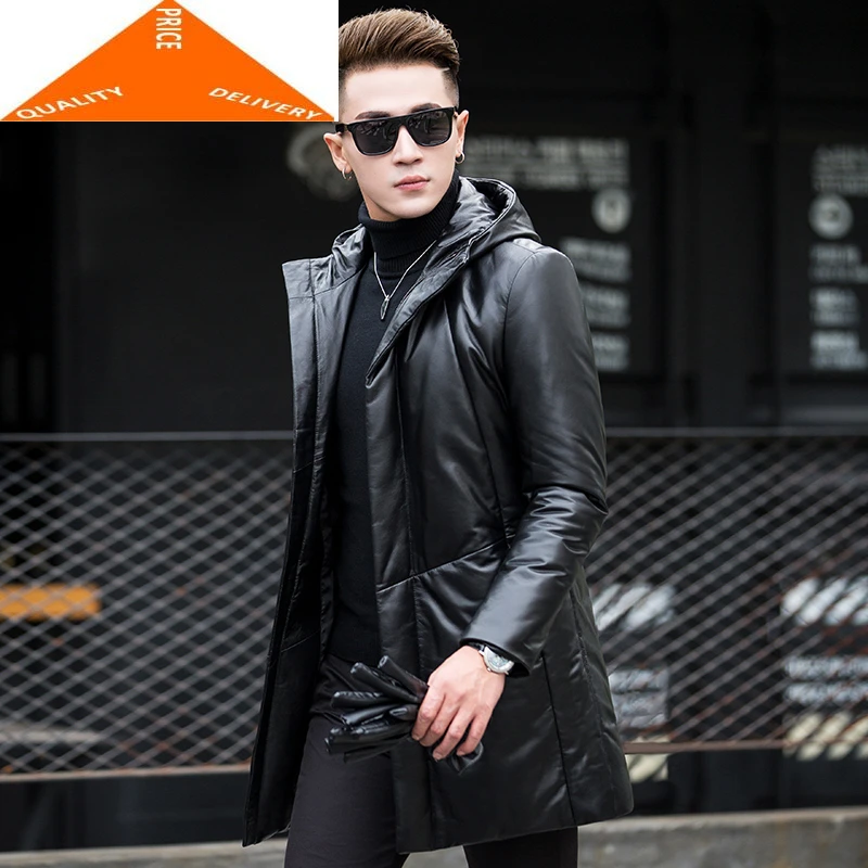 

Jacket Winter Genuine Men Clothes 2020 Streetwear Real Sheepskin Duck Down Coat Long Leather Jackets Hooded 7906