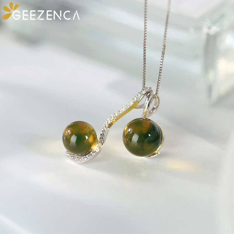 

S925 Silver Natural Blue Amber Pendant Necklace For Women Double Beads Zircons Trendy Chokers Necklace Fine Jewel Party Gift
