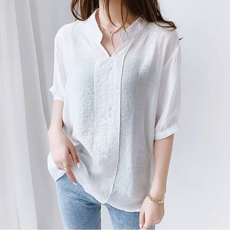 Chemise dos en dentelle pour femmes, chemise ample à manches courtes, col en v, maille, nouveau style, été, 2021