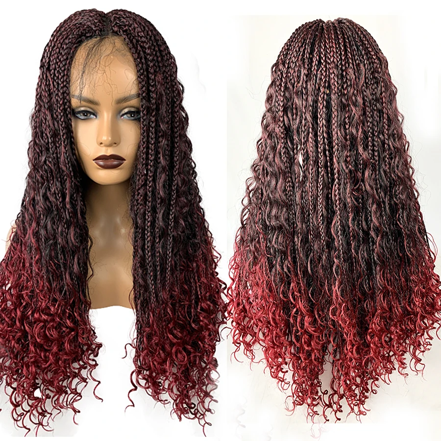 

99j Red Burgundy Box Crochet Braid Hair Lace Front Wig Brown Natural Hairline Braided Synthetic Hair Braids Wigs For Black Women
