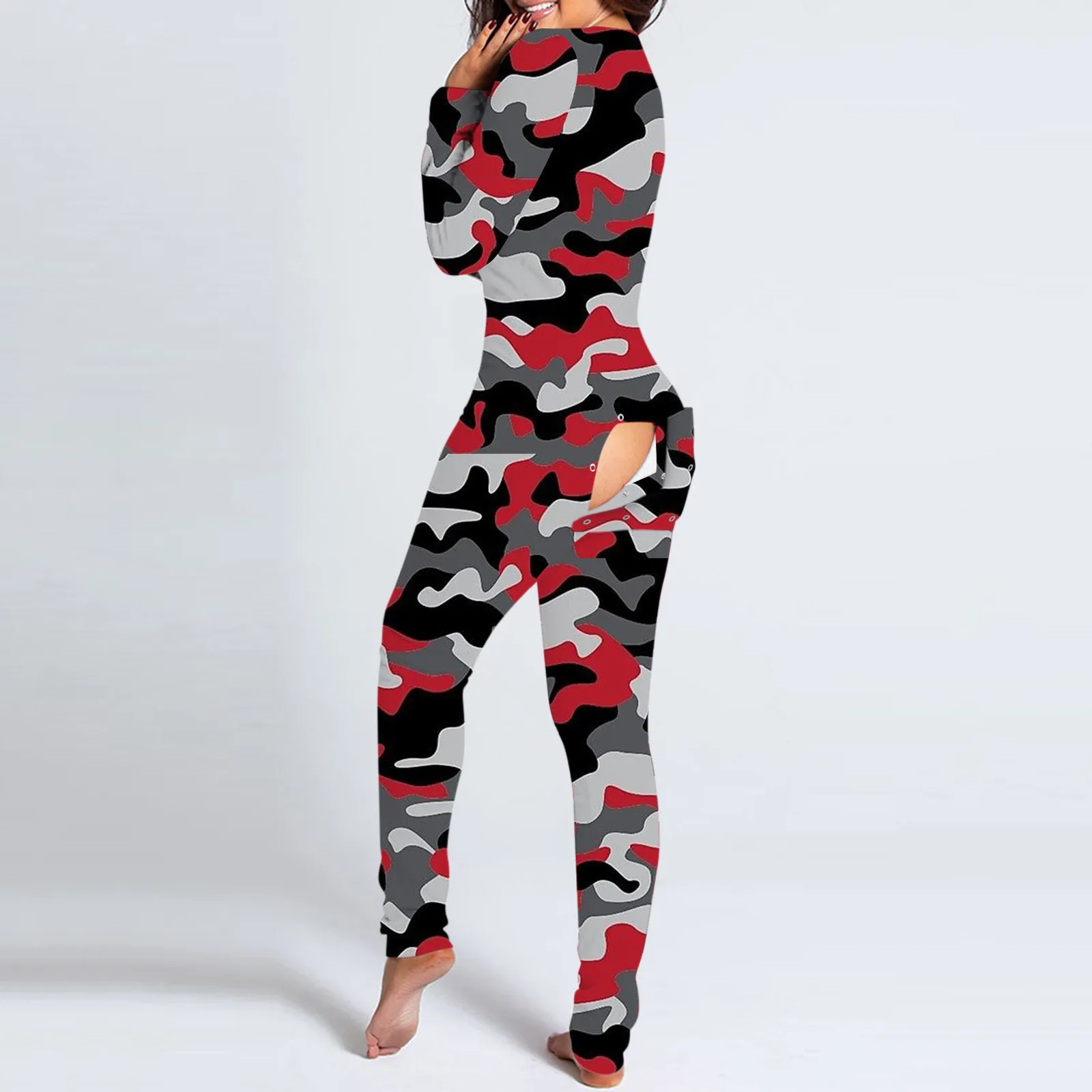 

30# Bodysuits Women Button-down HeartPrint Jumpsuits Functional Buttoned Flap Adults Romper Woman Home Playsuits 2021