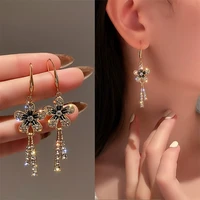 vintage crystal flowers long tassel geometric drop earrings for women korean fashion elegant temperament jewelry