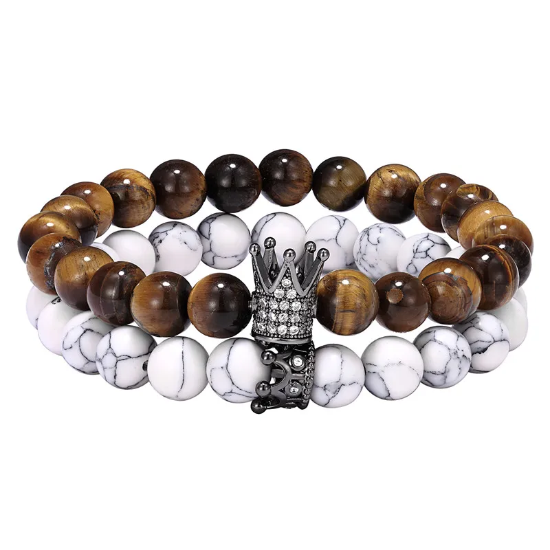 202 Crown Bracelet Couple Female Jewelry 8mm Natural Stone Micro Inlaid Zircon Gold andMen homme Gift | Украшения и аксессуары
