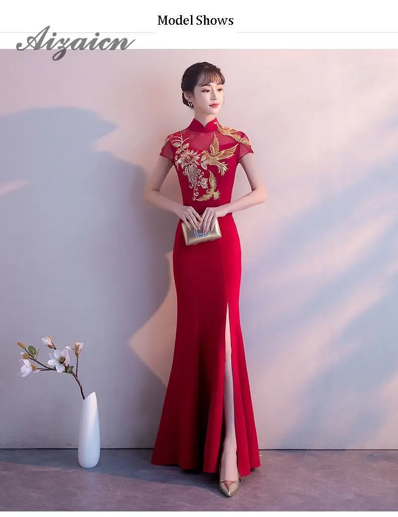 Вышивка Cheongsam длинное традиционное китайское винтажное платье красное свадебное платье Русалка сексуальное платье Ципао с разрезом Современные платья