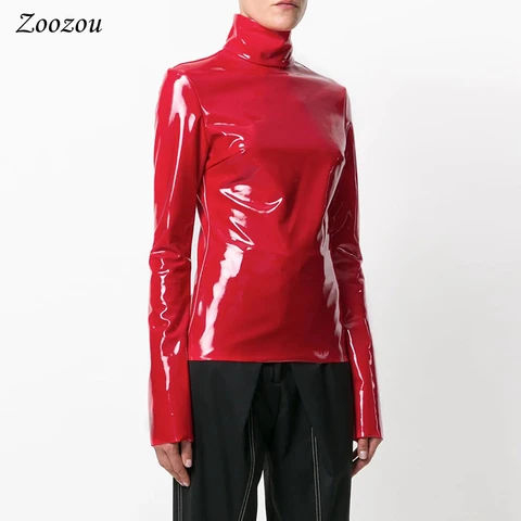 Women Faux Patent Leather Turtleneck Tops Long Sleeve Shirt Zipper PVC Pullover Black Red PU Leather Clothes Streetwear Custom