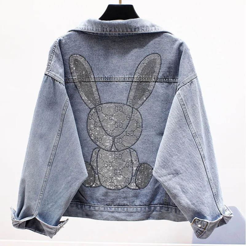 

Korean Women Cartoon Denim Jacket Pocket Diamonds Long Sleeve Jeans Jacket Women Short Loose Fashion Washed Jeans Coat Veste New