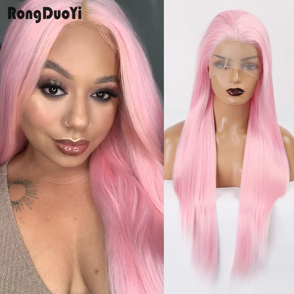 

RONGDUOYI Long Hair Lace Wigs for Women Silky Straight Wig Synthetic Lace Front Wig Pink Party Wig Free Part Cosplay Wigs