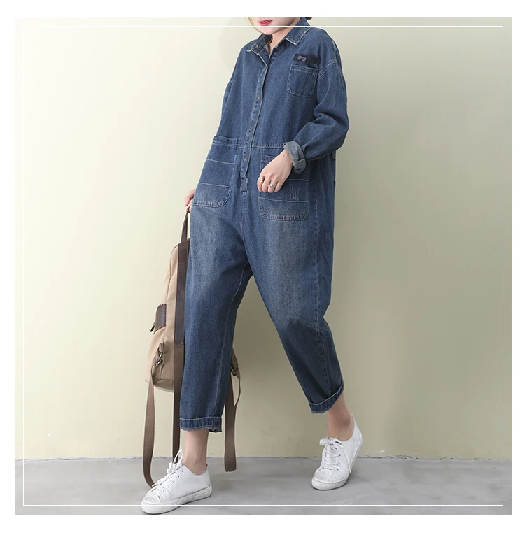 Женский джинсовый комбинезон с поясом весенний длинным рукавом и принтом звезд