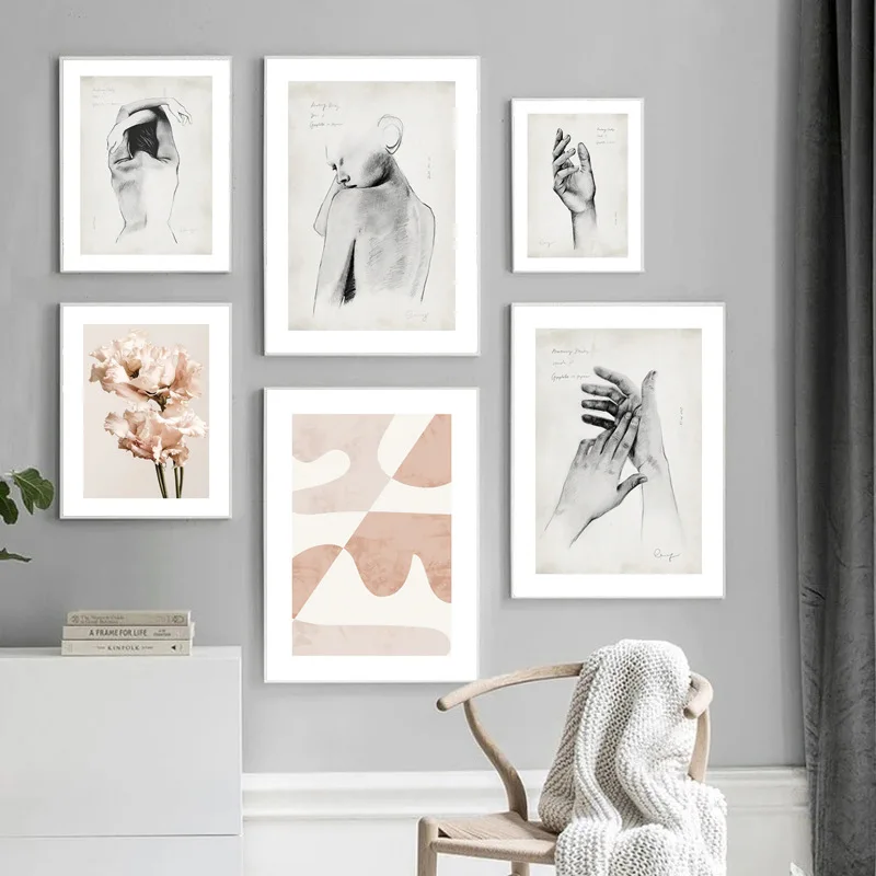 

Nordic Fresh Pink Flower Abstract Black and White Figure Back View Hand Decoration Living Room Poster Sofa Wall Frameless Mural