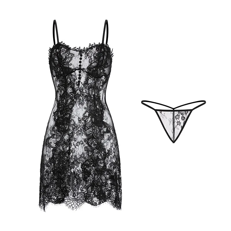 2022 Sexy Backless Nightwear Set Women Water Soluble Lace Sleepwear Female See-through Hot Sling Nightdress Home Service Suit