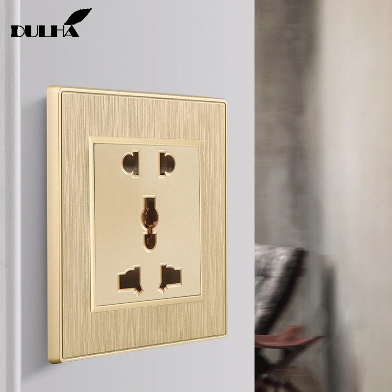 

Luxury Golden Satin PC Panel Universal 5 Pins Holes Wall Power Socket 10A Wiring 110-250V Electrical Plug Outlet Free Shipping