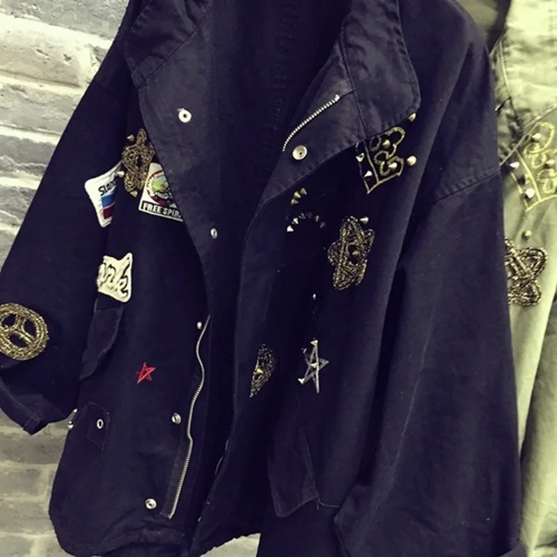 2022 Women Cotton Jacket Coat Casual Women Bomber jacket Embroidery Applique Rivets Oversize Women Coat Army Green Cotton Coat