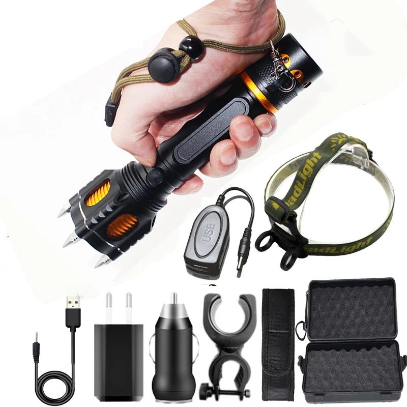 

XM-L T6 Tactical LED Flashlight Powerbank Rechargeable Waterproof Torch 18650 Battery Self Defense Bike Lantern Attack Head