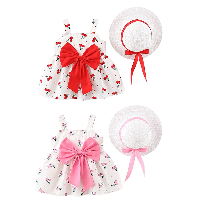 

2021 Cherry Pattern Baby Girls Dress Summer Sleeveless Cotton Kids Dress Birthday Party Baby Fashion Bow Dress With Free Hat