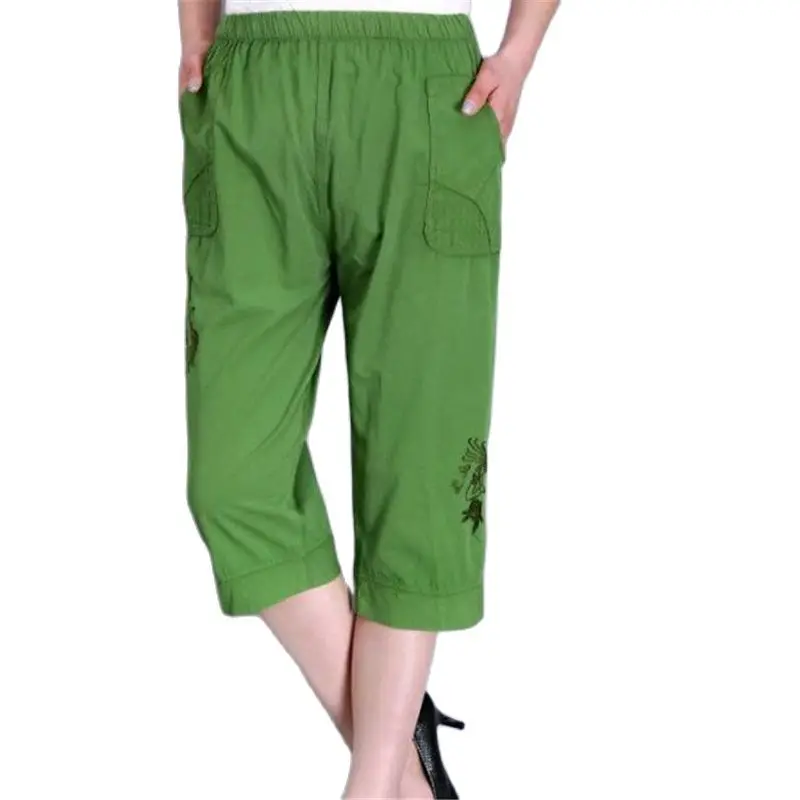 

Woman Spring Plus Size 100% Cotton Pants Female Summer Oversized Thin Trousers Women Elastic Waist Capris Lady Knee Length