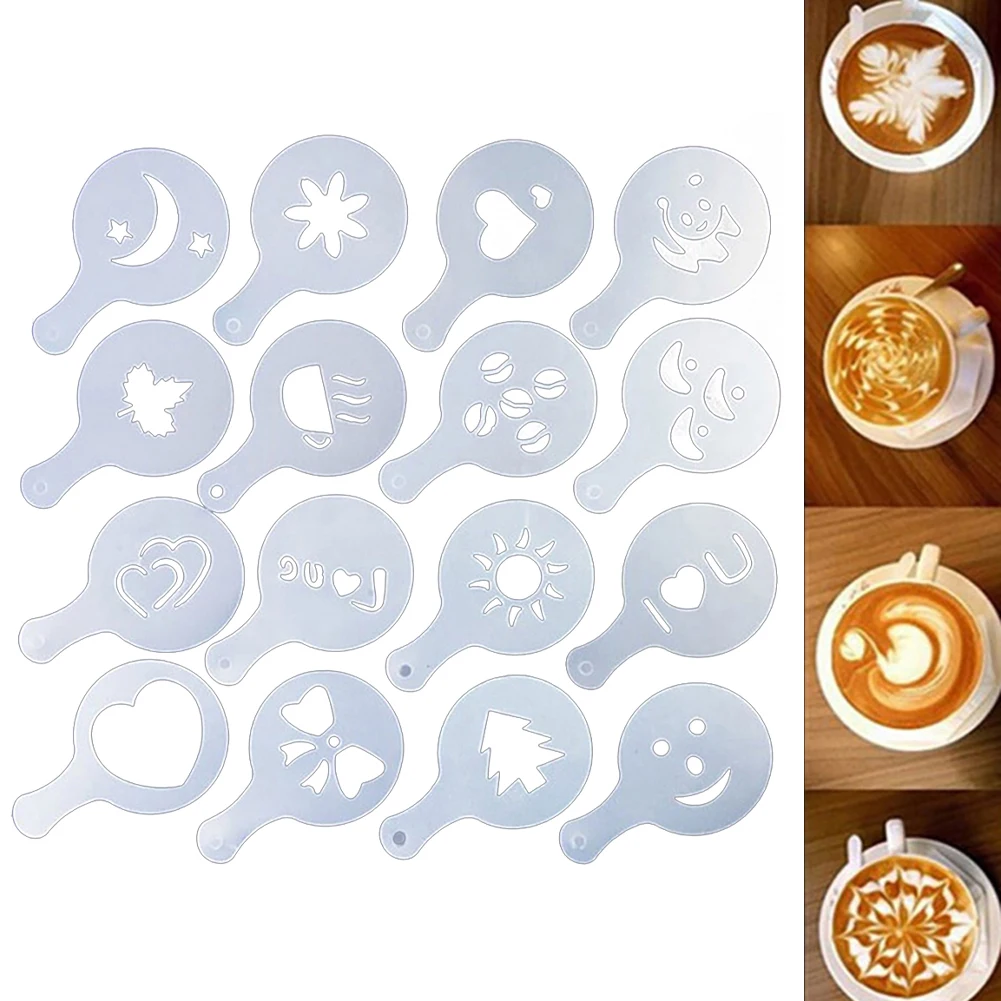 

16Pcs Coffee Stencils Fancy Coffee Printing Model Foam Spray Cake Stencils Coffee Drawing Cappuccino Mold Powdered Sieve Tools