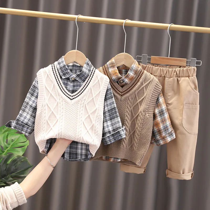 

New Spring Autumn Baby Boys Gentleman Children Fahsion Vest Sweater Shirt Pants 3Pcs/Set Toddler Casual Costume Kids Tracksuits
