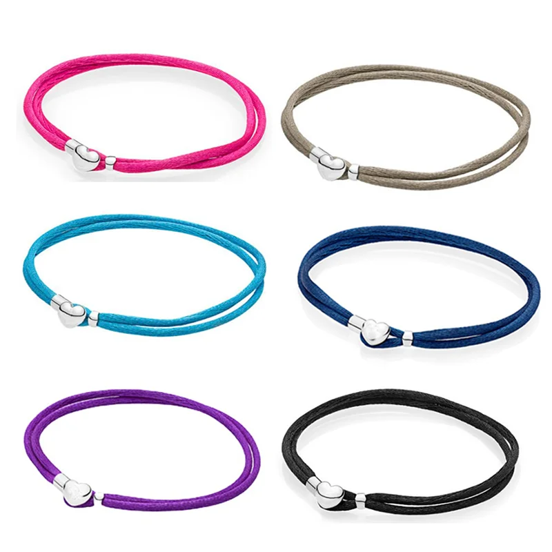

LR S925 Sterling Silver Love Buckle Braided Leather Cord Black Red Double Circle Basic Bracelet Accessories Women's Charm Jewelr