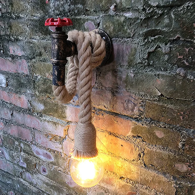 

Retro Loft Style Wall Lights Wrought Iron Industrial Vanity Lamp Vintage Rust Water Pipe Hemp Rope Home Deco Aisel Corridor Bar