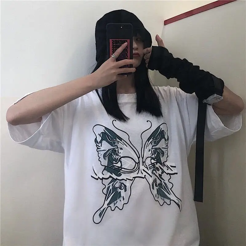 

Goth Streetwear Short Sleeve Top Tee Female Kawaii y2k mujer gothic футболка Harajuku butterfly Print Black Crop Women T-shirts