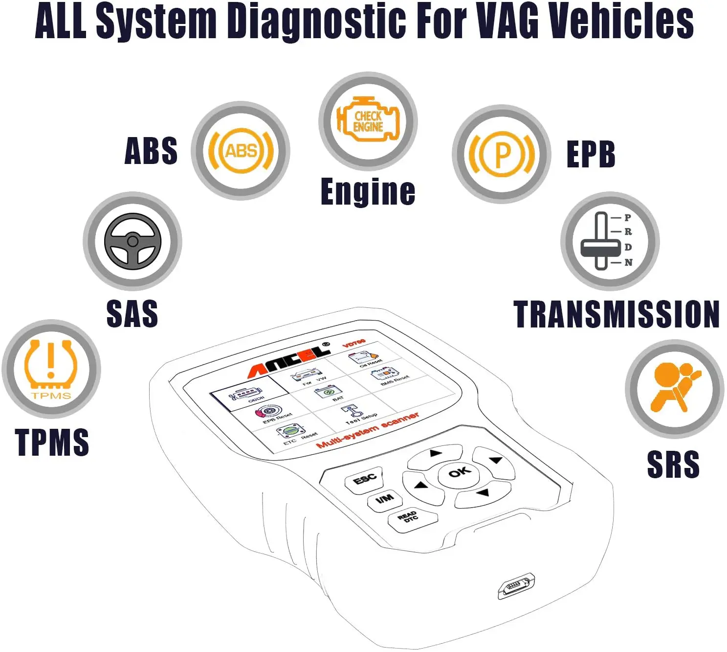 Автомобильный сканер Ancel VD700 OBD2 для полной диагностики системы ABS EPB TPMS DPF Сброс VAG VW