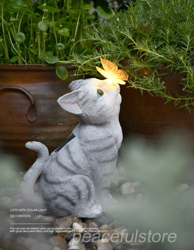

Garden Home Decorate Cat Sculpture Statue With Solar Light Ourdoor Lamp Resin Animal Simulation Cat Furnishing