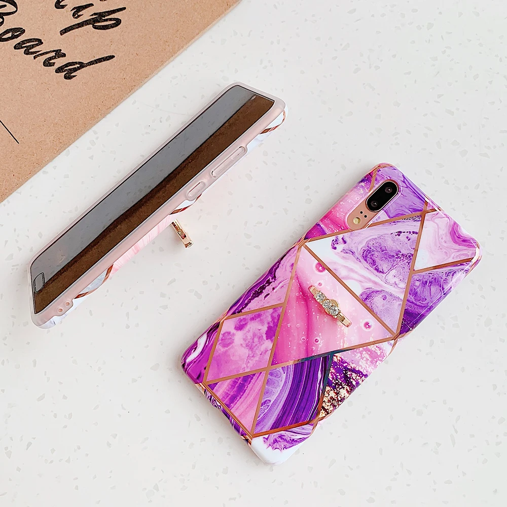 lovecom plating geometric marble phone case for huawei p40 pro p30 lite p20 lite pro with finger ring soft imd back cover gift free global shipping